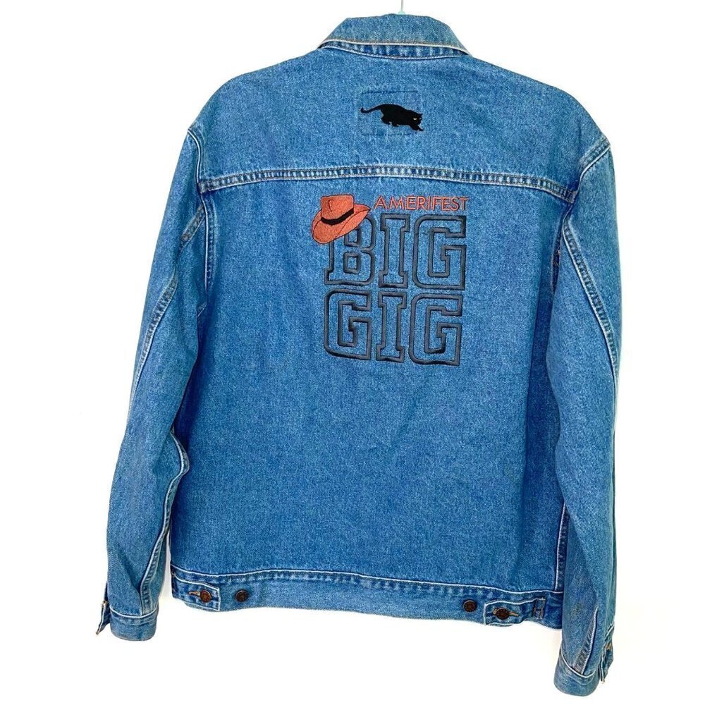 Amerifest Big Gig Denim Trucker Jacket Mens Blue Hat Logo Cotton Button Front